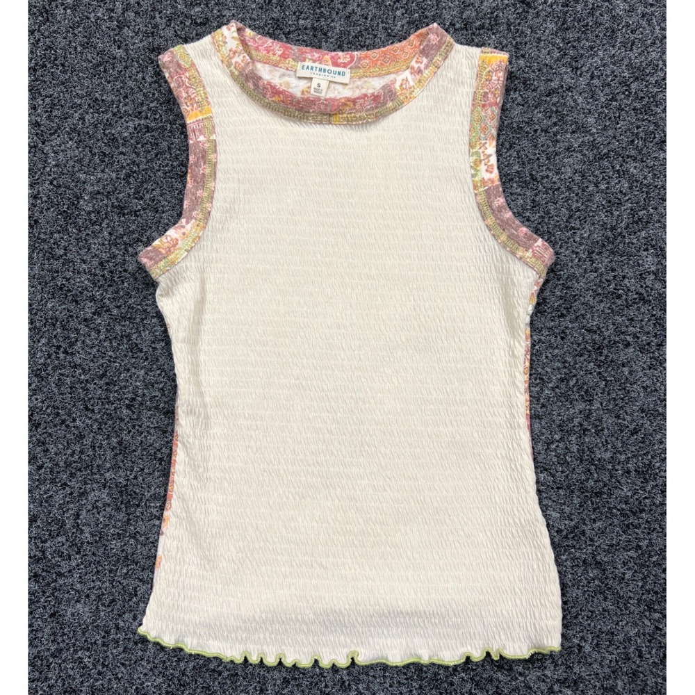Earthbound Trading Co Women Small Smocked Patchwork Floral Mock Neck Tank Top